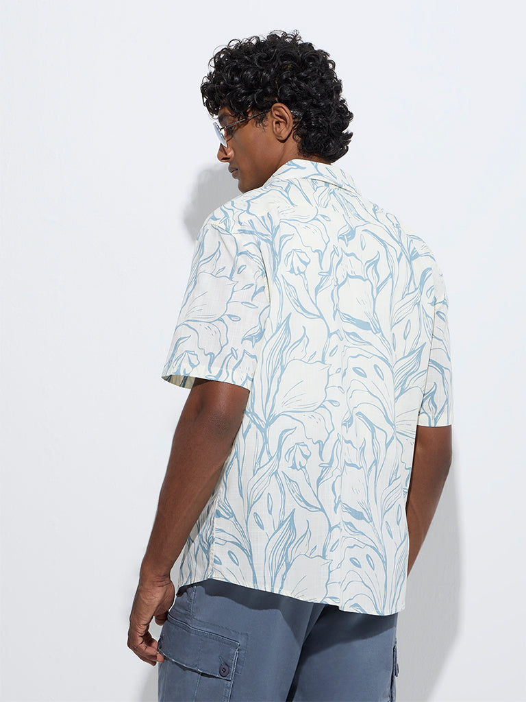 westisde WES Casuals Men's Blue Foliage-Inspired Relaxed-Fit Cotton Shirt for Casual Wear Back View