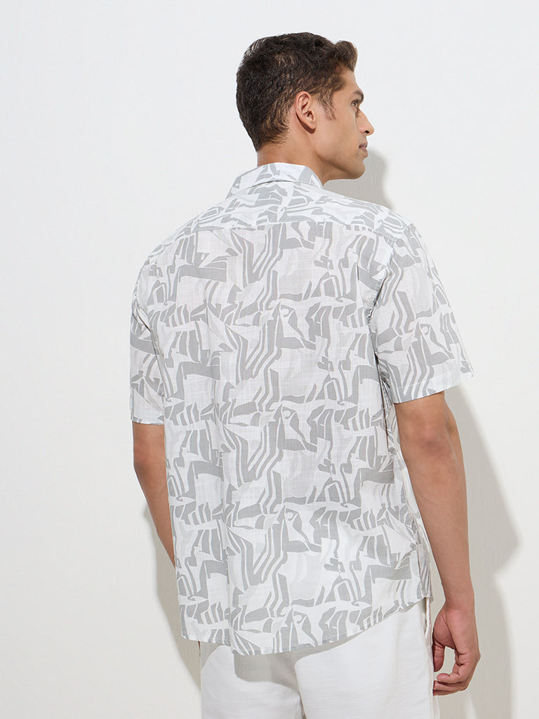 westisde WES Casuals Men's Grey Abstract Design Relaxed-Fit Cotton Shirt for Casual Wear Back View