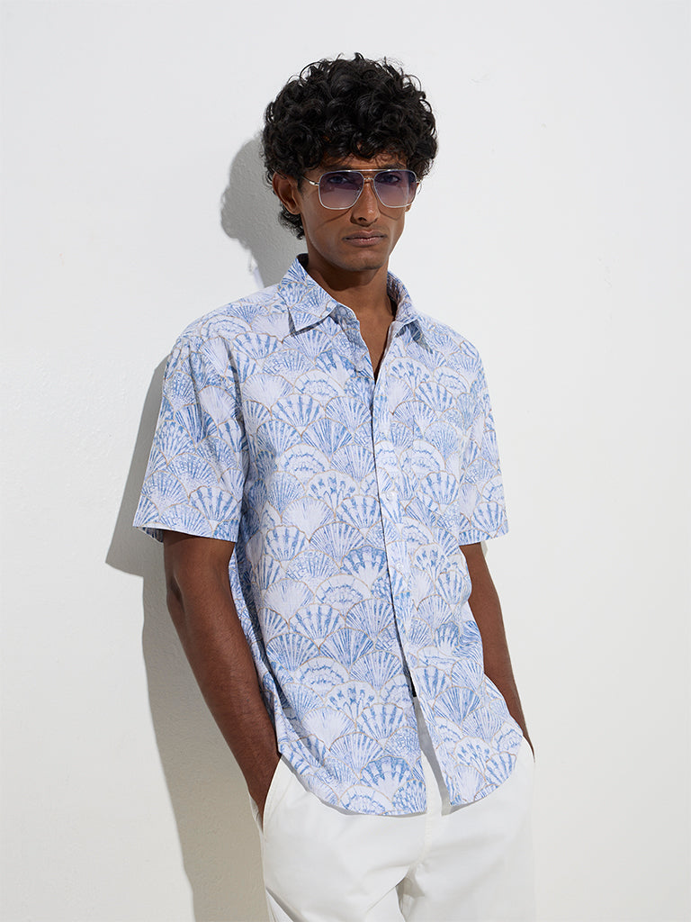 WES Casuals Blue Shell Pattern Relaxed-Fit Cotton Shirt