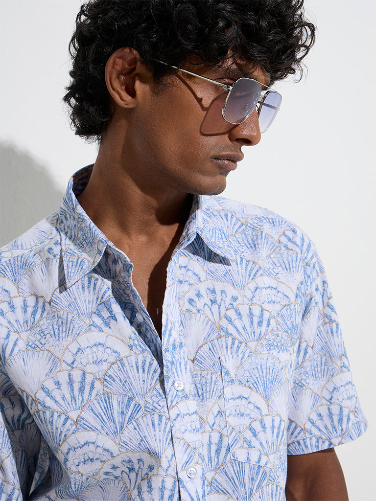 WES Casuals Blue Shell Pattern Relaxed-Fit Cotton Shirt