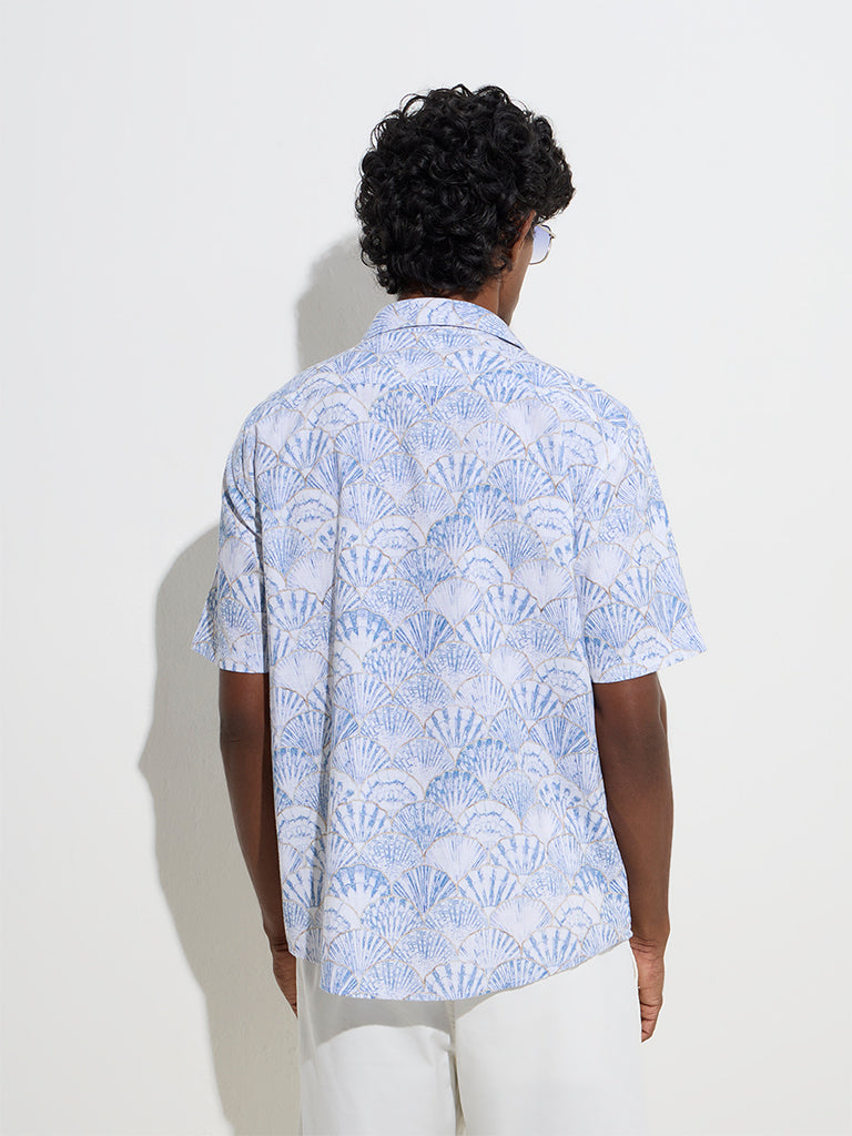 WES Casuals Blue Shell Pattern Relaxed-Fit Cotton Shirt