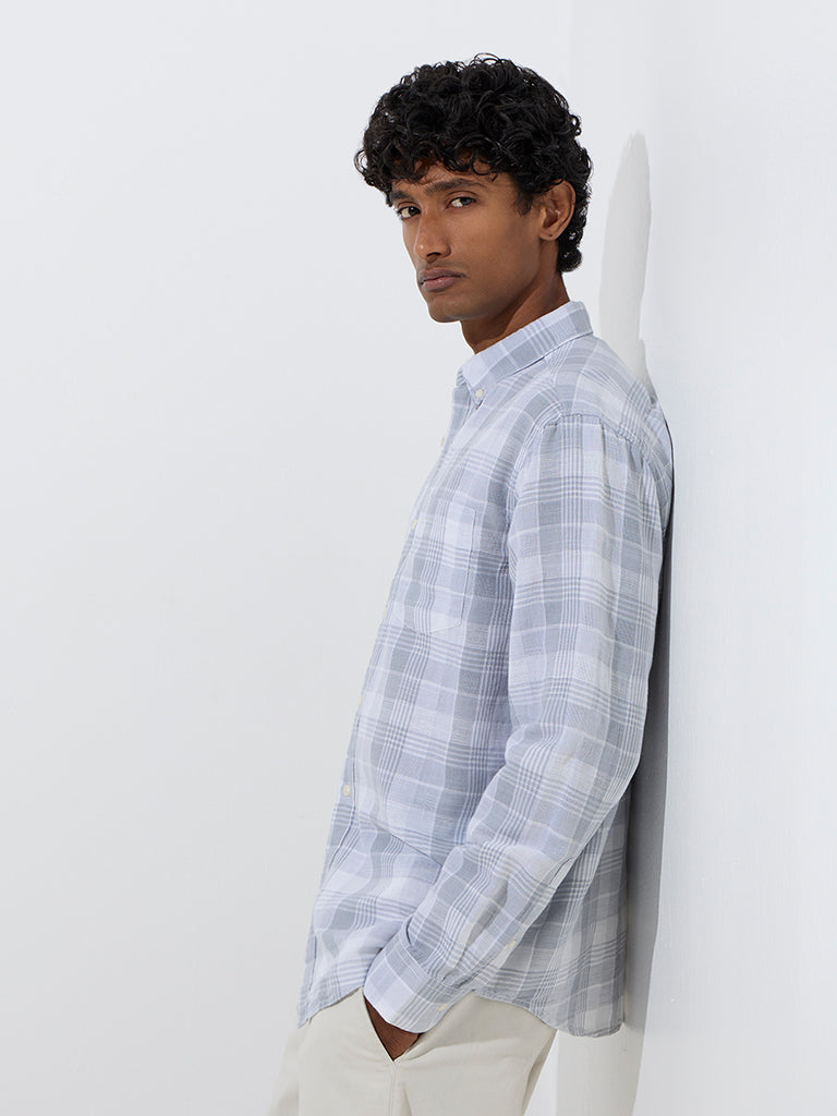 Westside WES Casuals Men's Grey Checks Relaxed-Fit Linen-Blend Shirt for Casual Wear Front View
