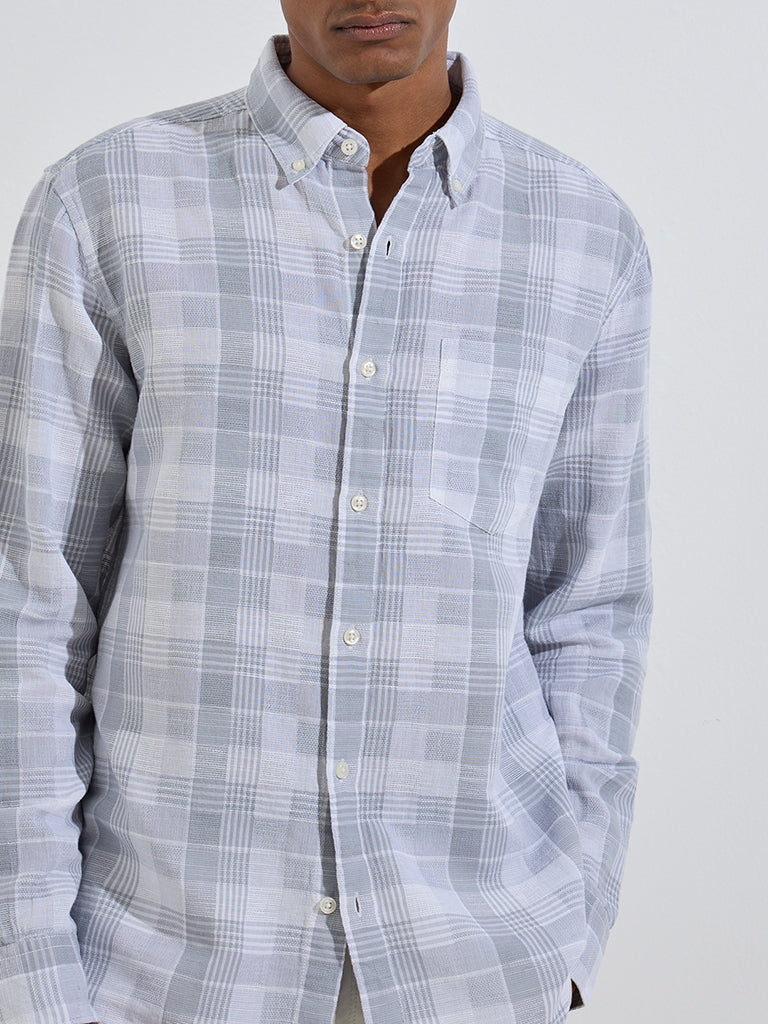 Westside WES Casuals Men's Grey Checks Relaxed-Fit Linen-Blend Shirt for Casual Wear Zoom View