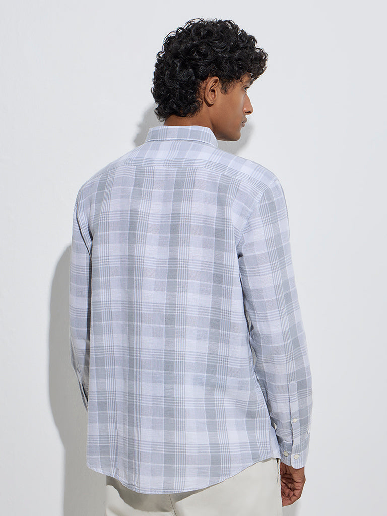 Westside WES Casuals Men's Grey Checks Relaxed-Fit Linen-Blend Shirt for Casual Wear Back View
