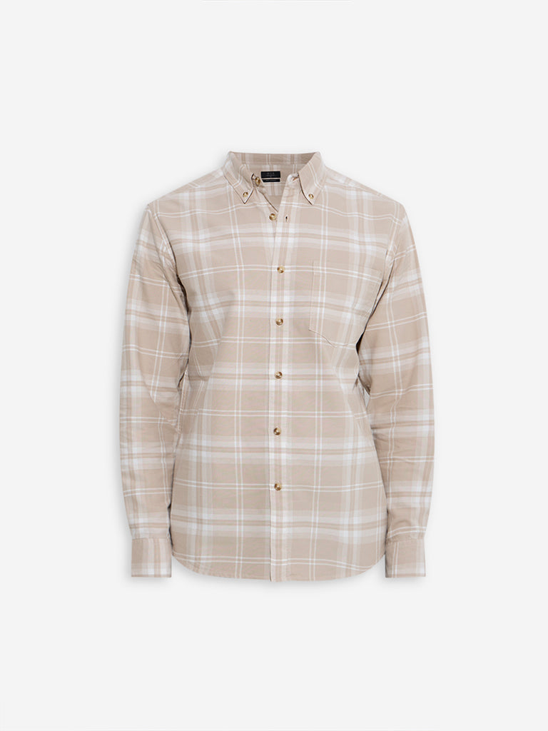 Westside WES Casuals Men's Taupe Checkered Relaxed-Fit Cotton Shirt for Casual Wear Flatly View