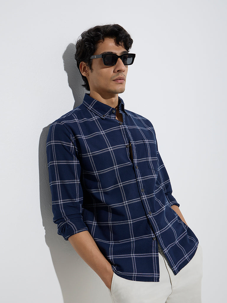 Westside WES Casuals Men's Indigo Checkered Relaxed-Fit Cotton Shirt for Casual Wear Front View