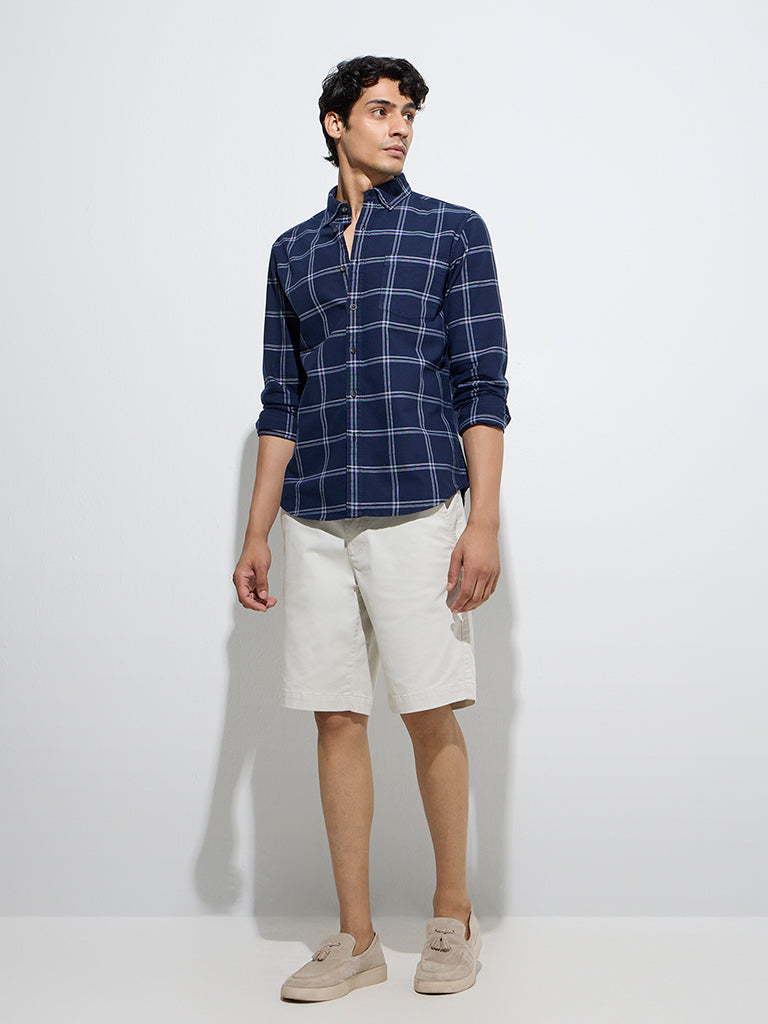 Westside WES Casuals Men's Indigo Checkered Relaxed-Fit Cotton Shirt for Casual Wear Full Model View