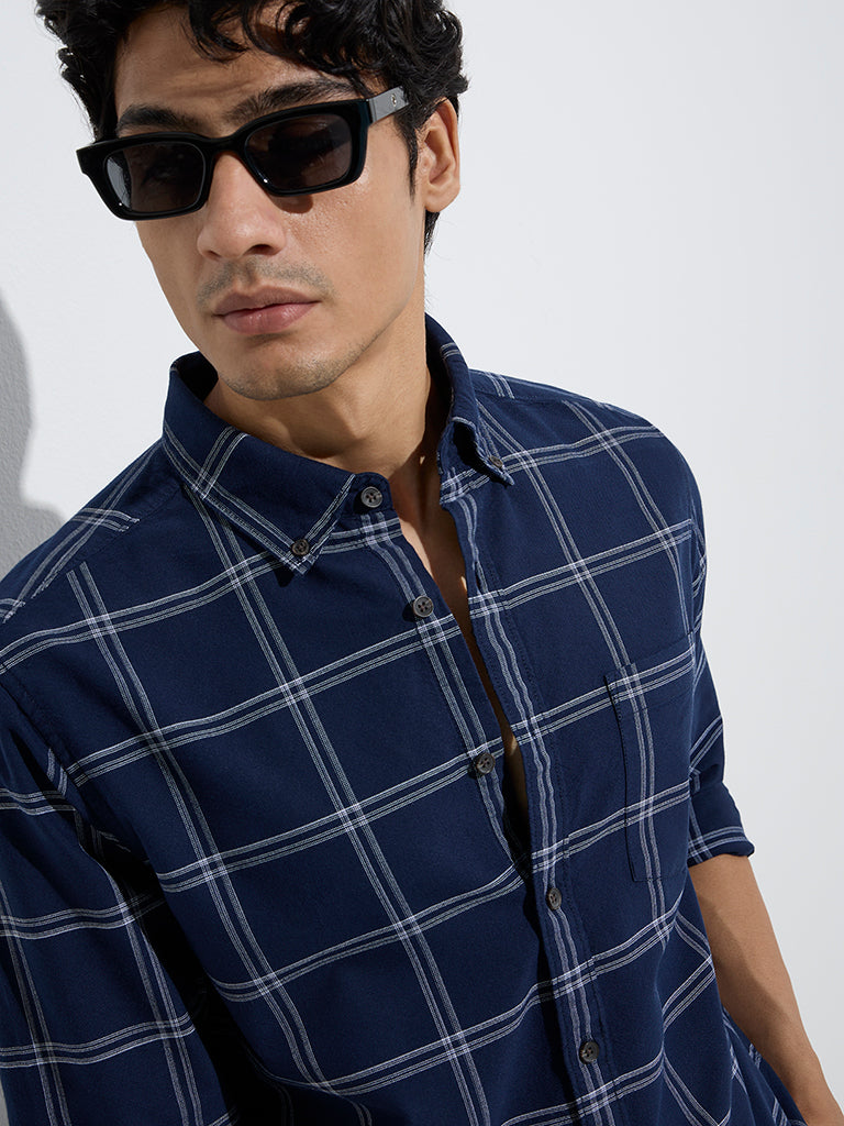 Westside WES Casuals Men's Indigo Checkered Relaxed-Fit Cotton Shirt for Casual Wear Zoom View