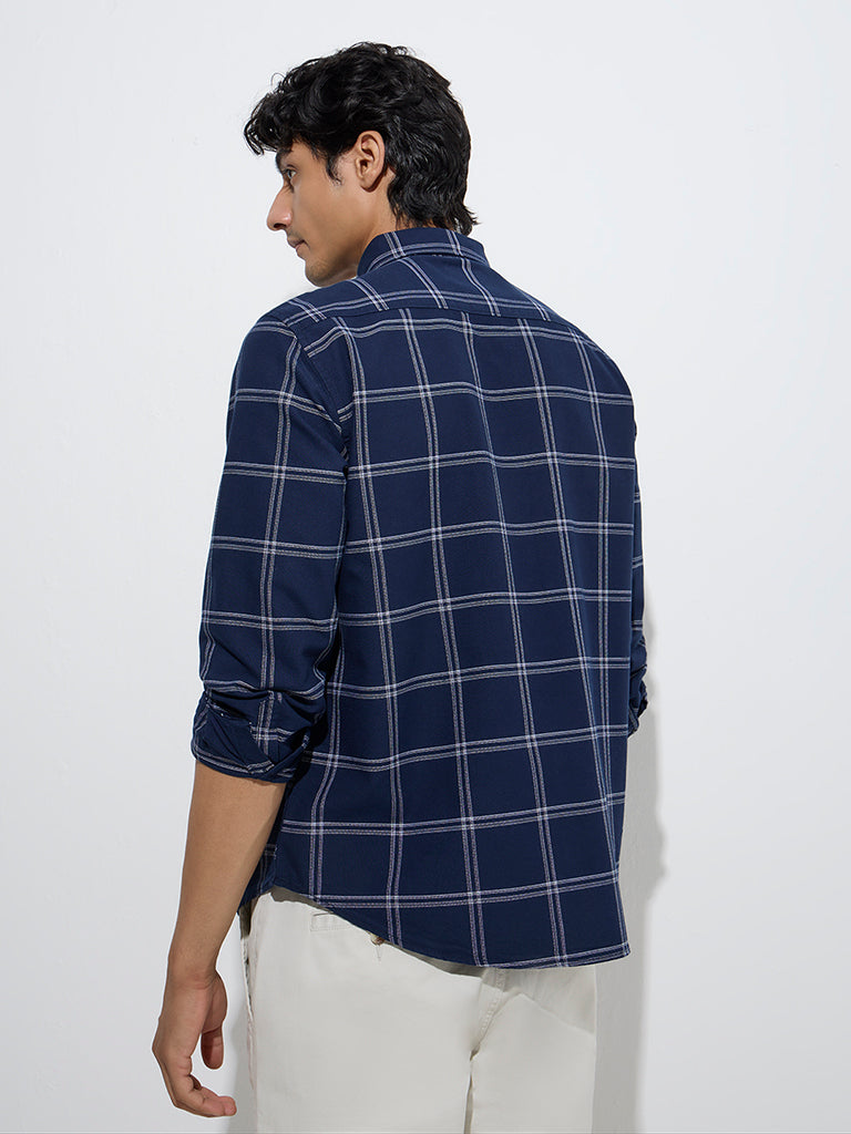 Westside WES Casuals Men's Indigo Checkered Relaxed-Fit Cotton Shirt for Casual Wear Back View