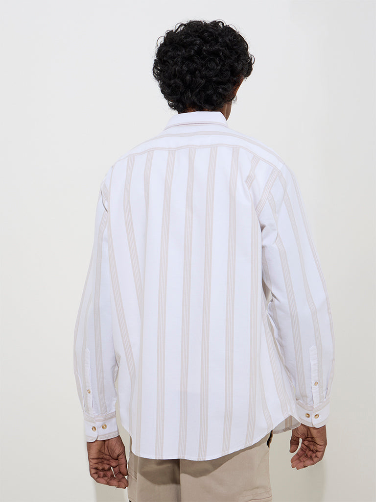 westisde WES Casuals Men's Off-White Striped Relaxed-Fit Cotton Shirt for Casual Wear Back View