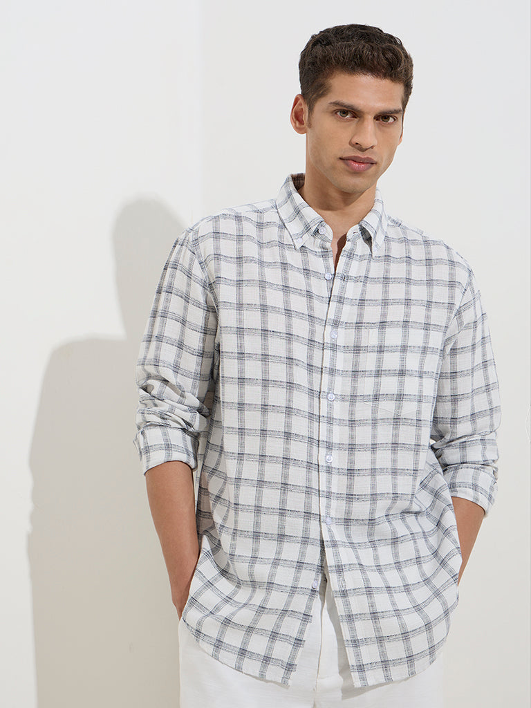 WES Casuals Off-White Checks Design Relaxed-Fit Cotton Shirt
