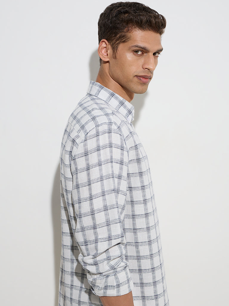 WES Casuals Off-White Checks Design Relaxed-Fit Cotton Shirt