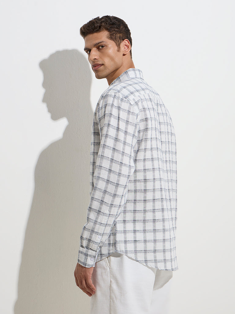 westisde WES Casuals Men's Off-White Checks Design Relaxed-Fit Cotton Shirt for Casual Wear Back View