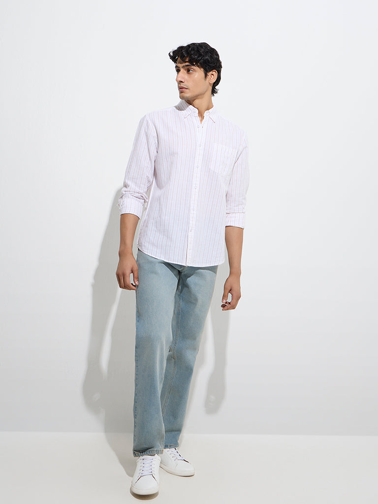 Westside WES Casuals Men's Dusty Pink Relaxed-Fit Linen-Blend Shirt for Casual Wear Full Model View