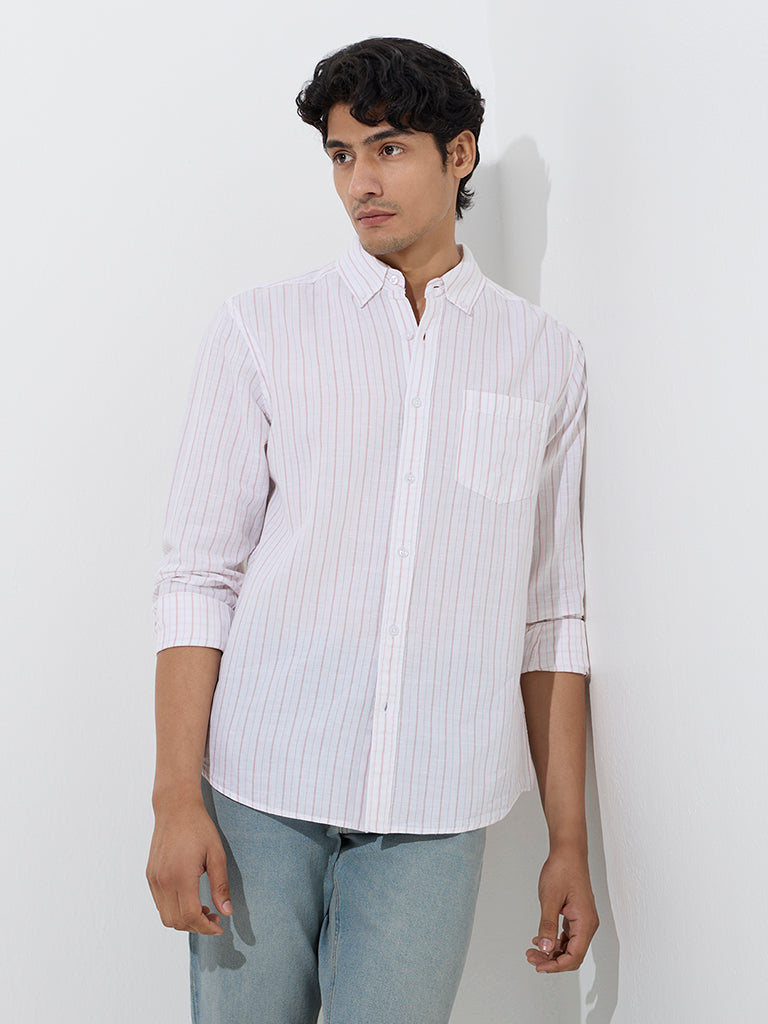 Westside WES Casuals Men's Dusty Pink Relaxed-Fit Linen-Blend Shirt for Casual Wear Front View