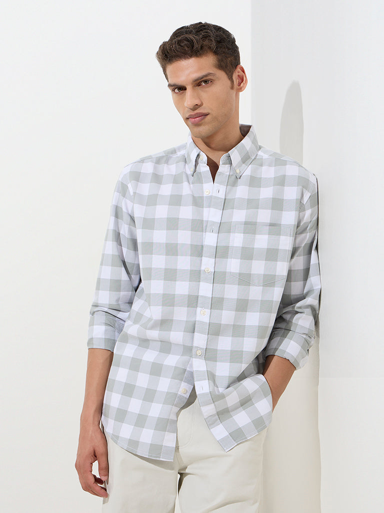 WES Casuals Sage Checks Printed Relaxed-Fit Cotton Shirt