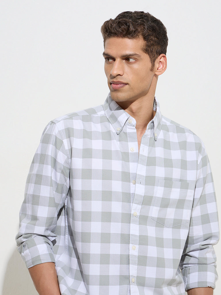 WES Casuals Sage Checks Printed Relaxed-Fit Cotton Shirt