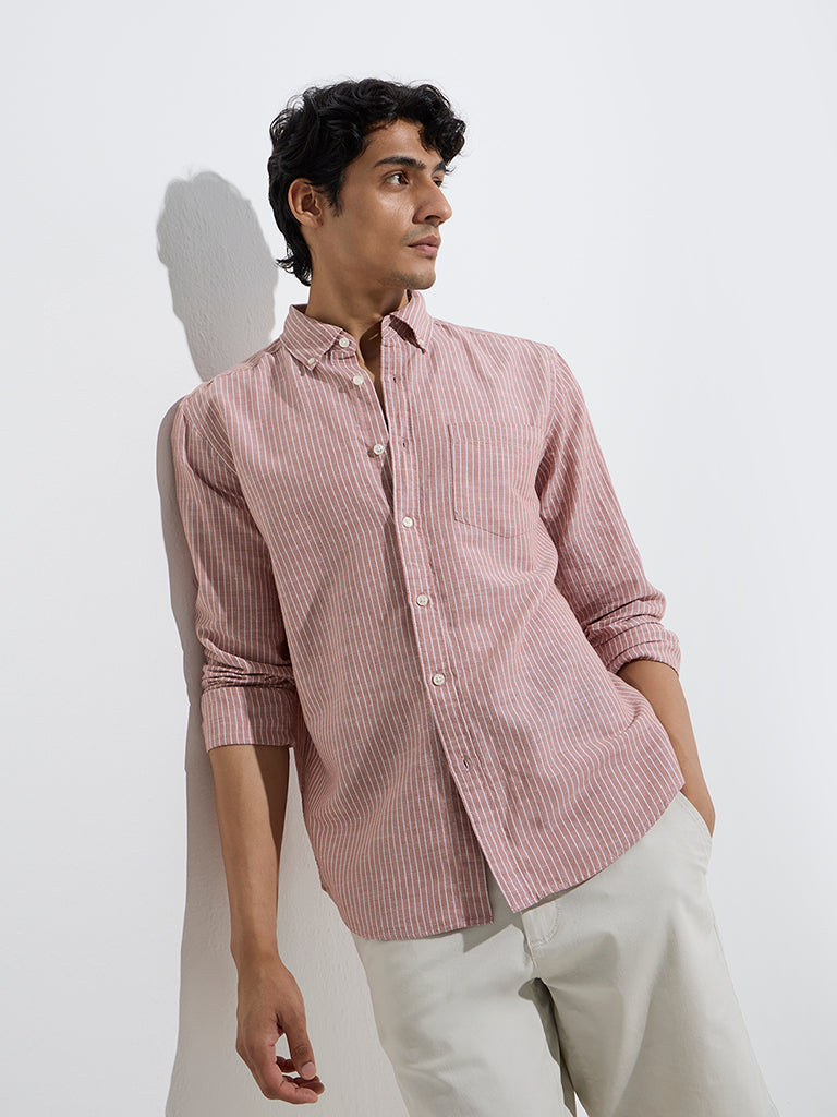 Westside WES Casuals Men's Coral Striped Relaxed-Fit Linen-Blend Shirt for Casual Wear Front View