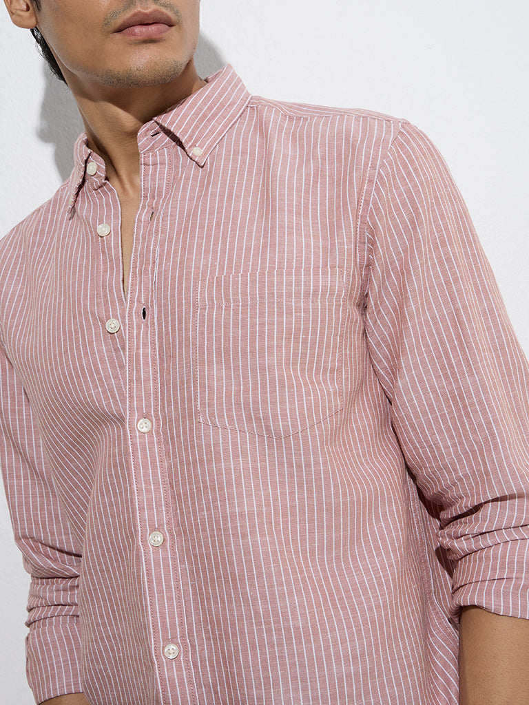 Westside WES Casuals Men's Coral Striped Relaxed-Fit Linen-Blend Shirt for Casual Wear Zoom View