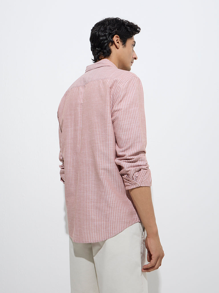 Westside WES Casuals Men's Coral Striped Relaxed-Fit Linen-Blend Shirt for Casual Wear Back View