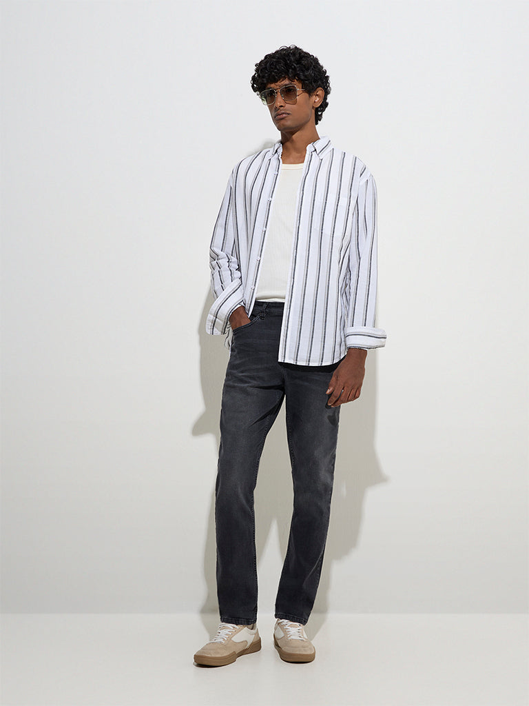 WES Casuals White Striped Relaxed-Fit Cotton Shirt