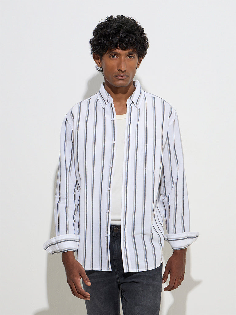 WES Casuals White Striped Relaxed-Fit Cotton Shirt