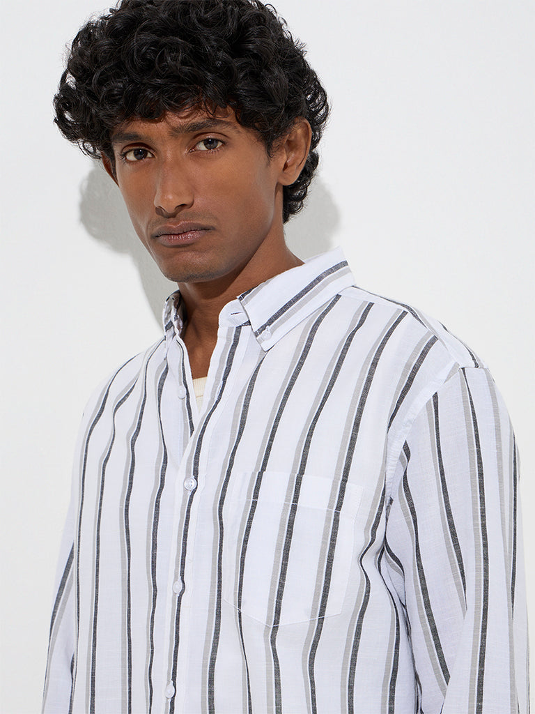 WES Casuals White Striped Relaxed-Fit Cotton Shirt