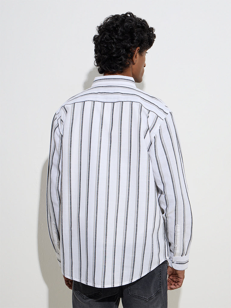 westisde WES Casuals Men's White Striped Relaxed-Fit Cotton Shirt for Casual Wear Back View