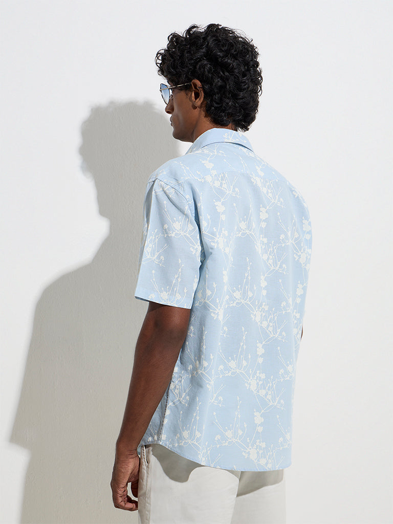 westisde WES Casuals Men's Light Blue Floral Relaxed-Fit Cotton Shirt for Casual Wear Back View