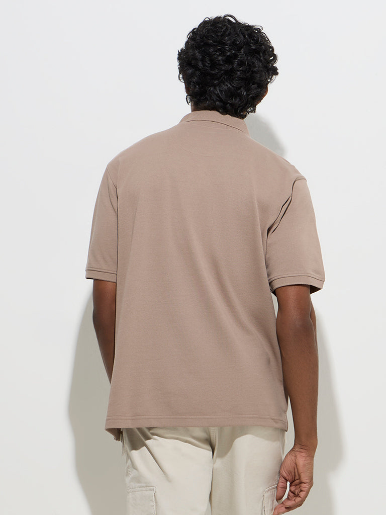 westisde WES Casuals Men's Taupe Relaxed-Fit Cotton-Blend Polo T-Shirt for Casual Wear Back View