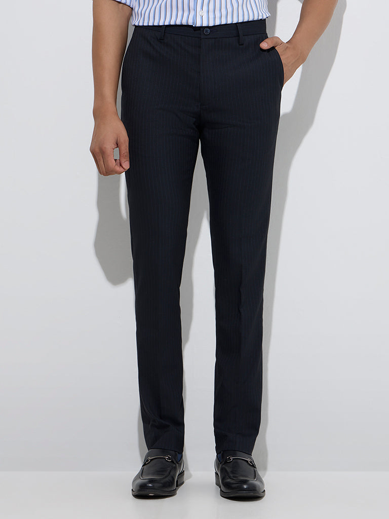 Westside WES Formals Men's Black Ultra-Slim Fit Mid-Rise Trousers for Work Wear Front View