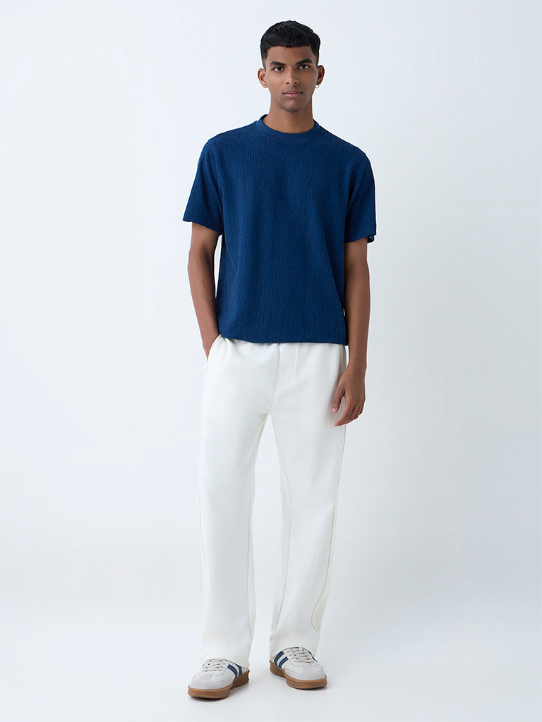 Studiofit Dark Blue Self-Textured Relaxed-Fit Cotton-Blend T-Shirt