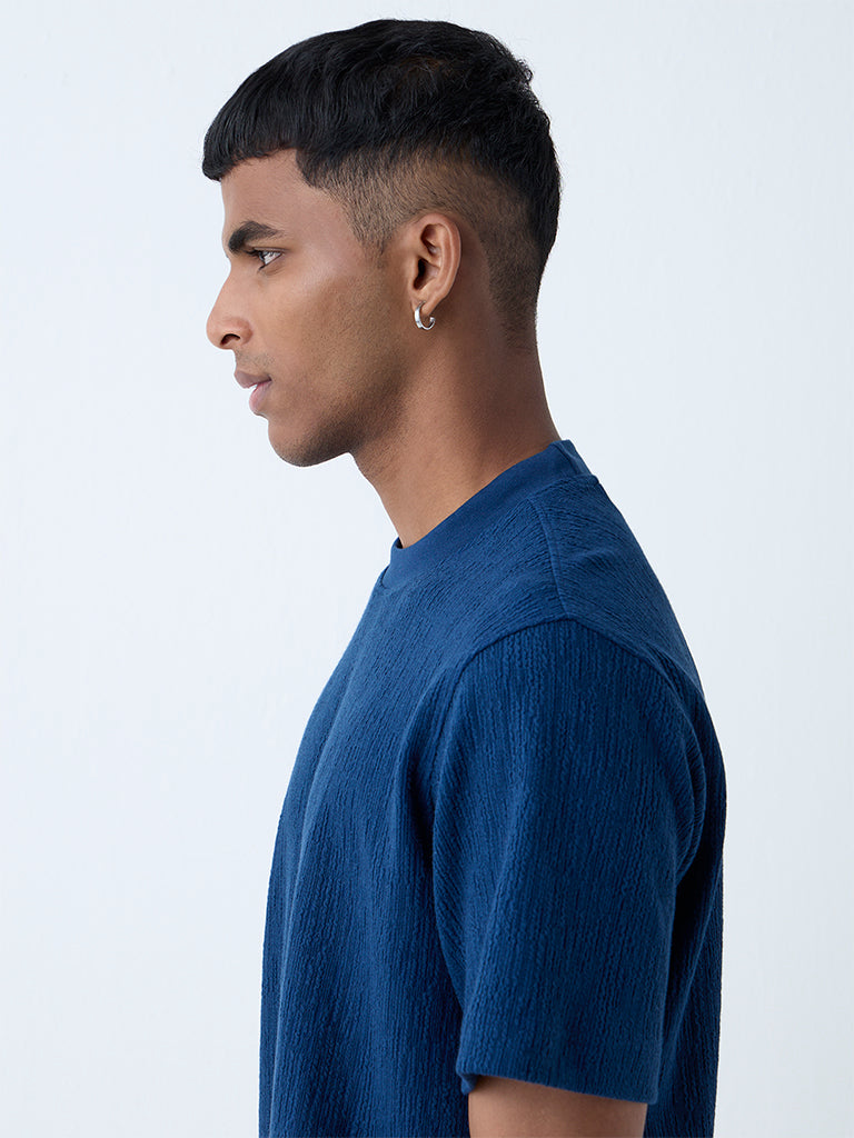 Studiofit Dark Blue Self-Textured Relaxed-Fit Cotton-Blend T-Shirt