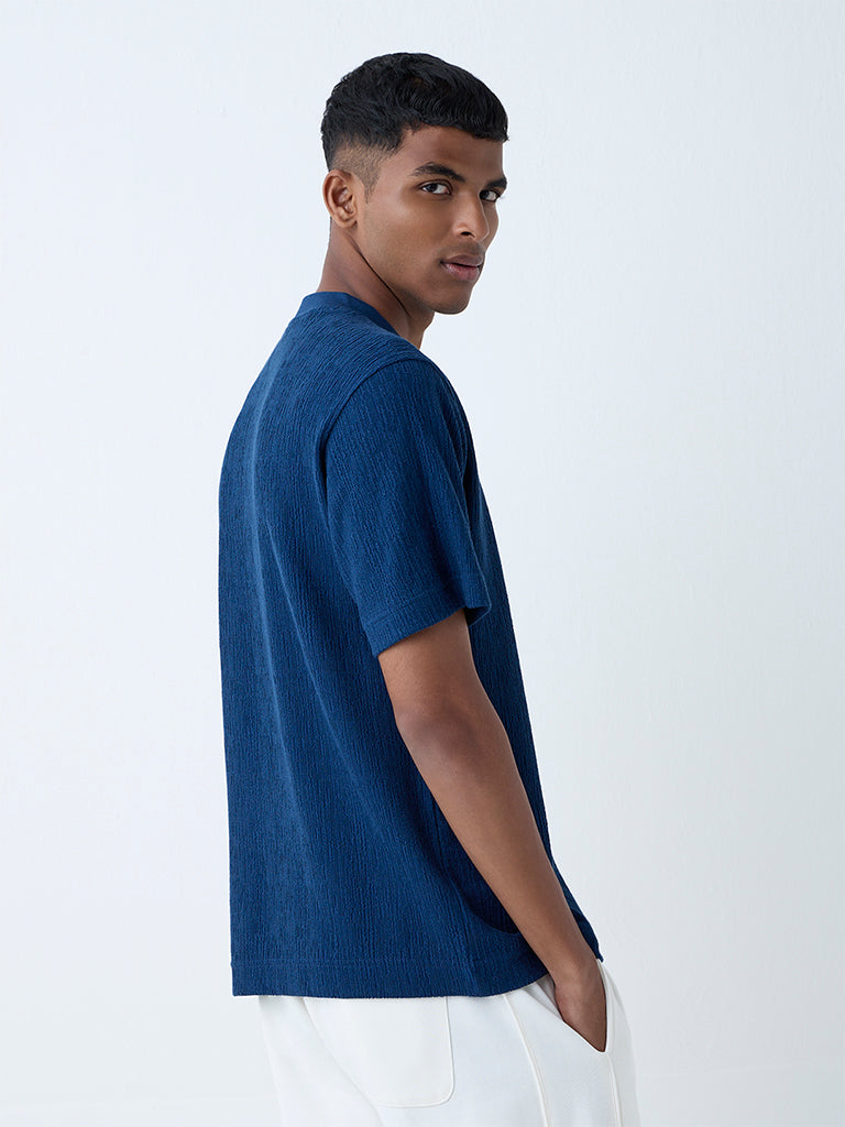 Studiofit Dark Blue Self-Textured Relaxed-Fit Cotton-Blend T-Shirt