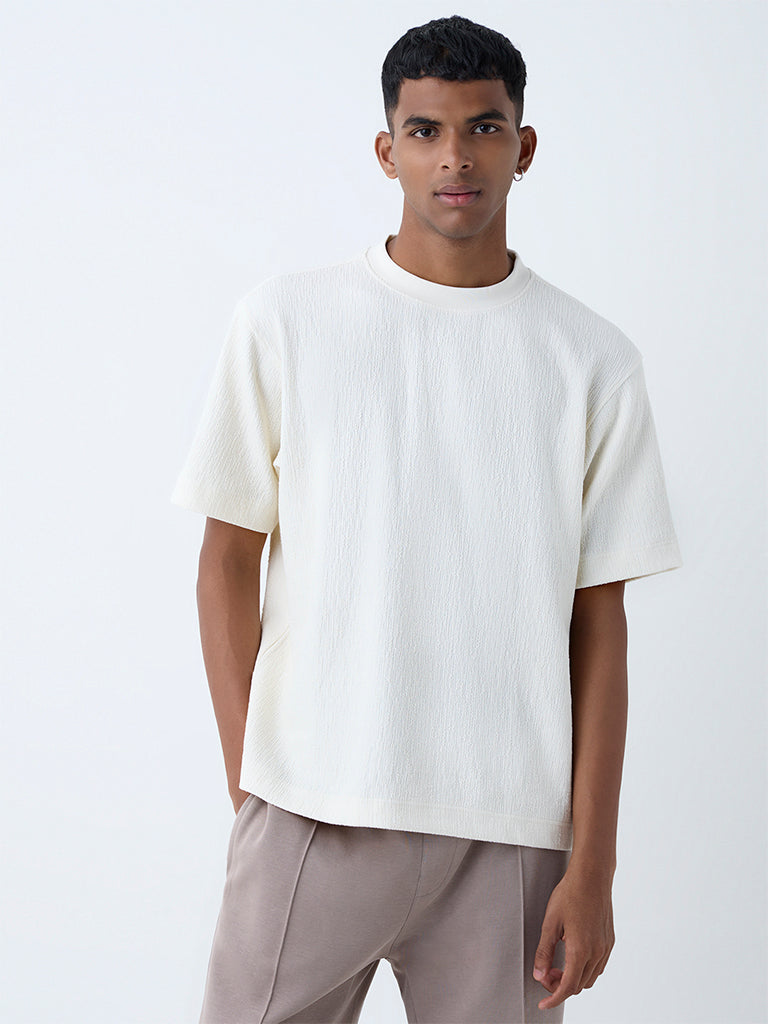 Studiofit White Self-Textured Relaxed-Fit Cotton-Blend T-Shirt