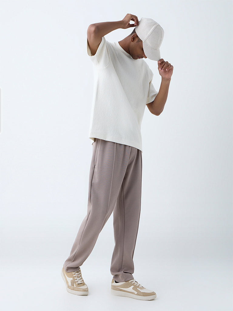 Studiofit White Self-Textured Relaxed-Fit Cotton-Blend T-Shirt