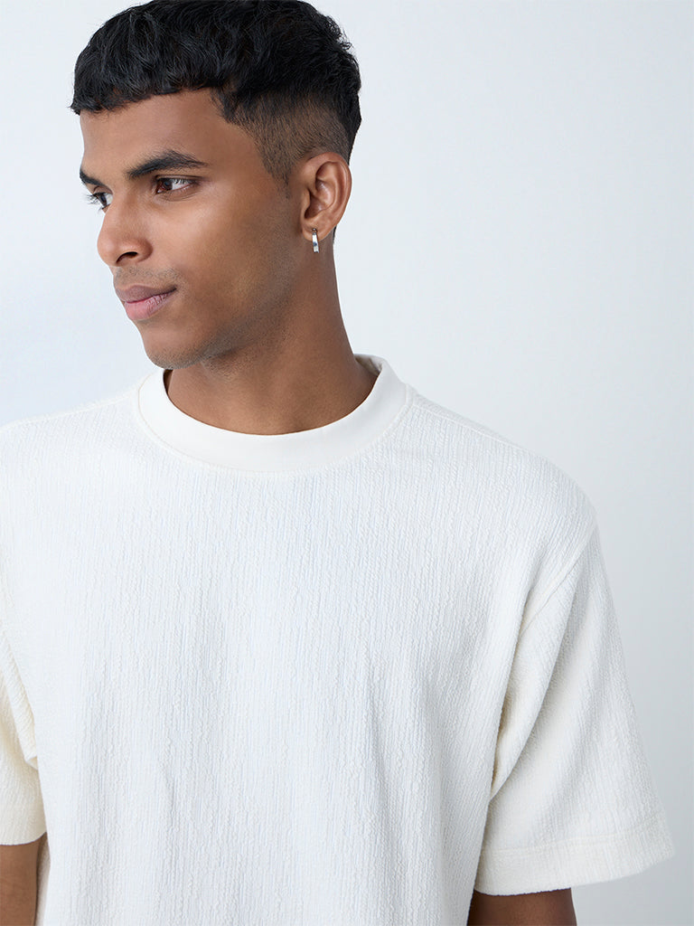 Studiofit White Self-Textured Relaxed-Fit Cotton-Blend T-Shirt