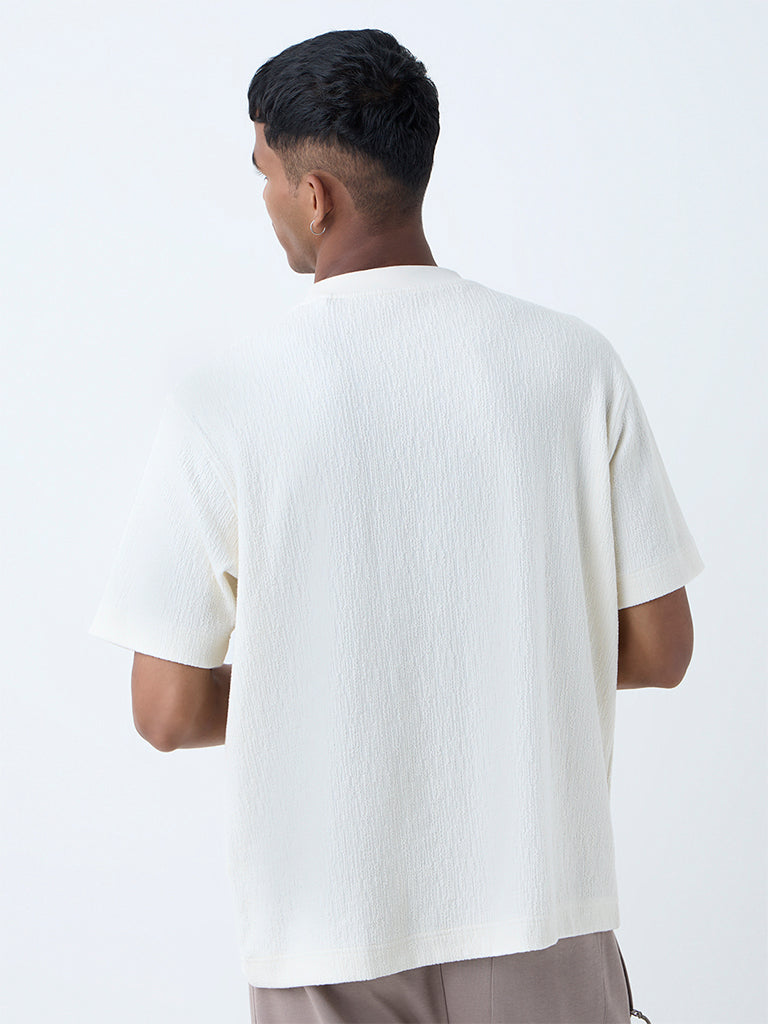 Studiofit White Self-Textured Relaxed-Fit Cotton-Blend T-Shirt