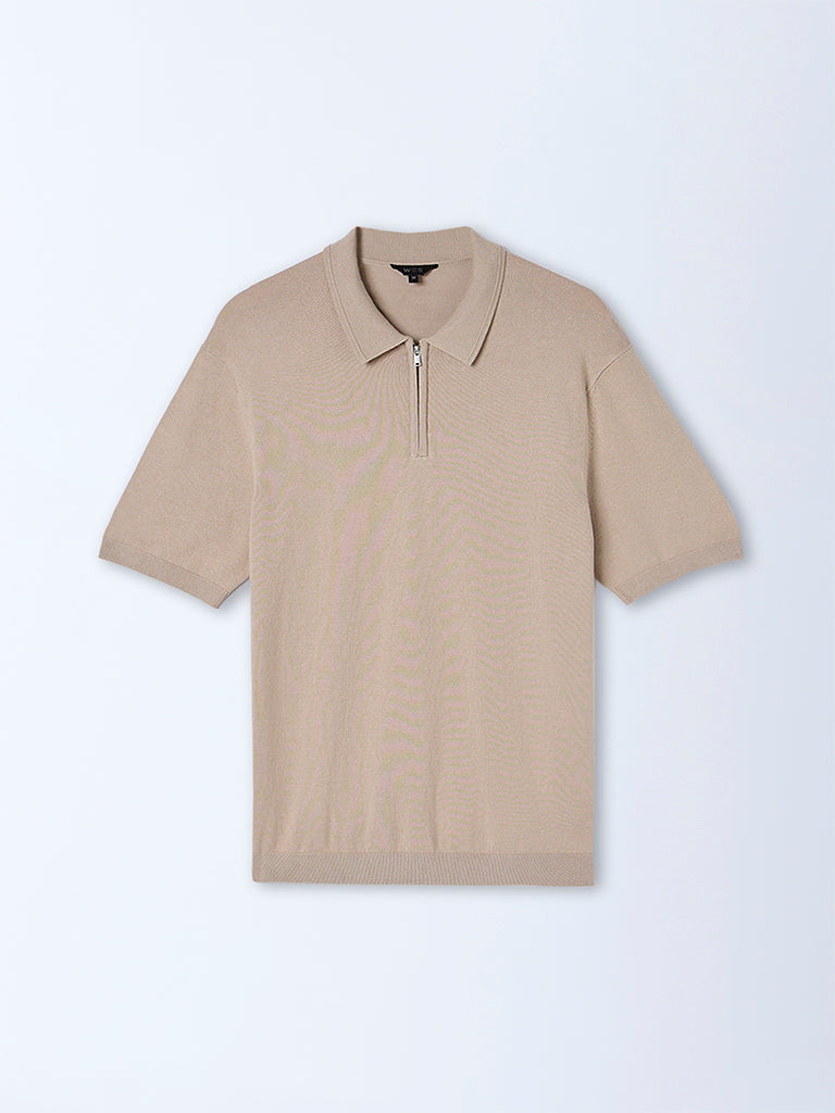 Westside WES Formals Men's Beige Relaxed-Fit Quarter-Zip Cotton-Blend Polo T-Shirt for Work Wear Flatlay