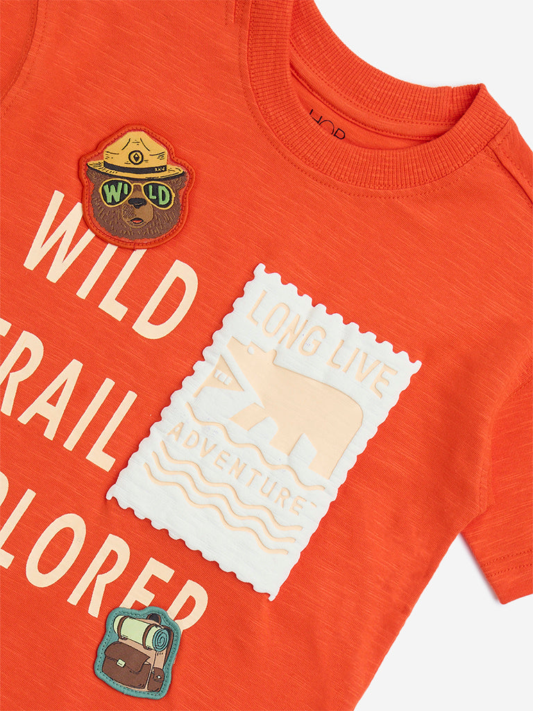 westisde HOP Boys' Kids Orange Text Detailed Cotton T-Shirt for Casual Wear Zoom View