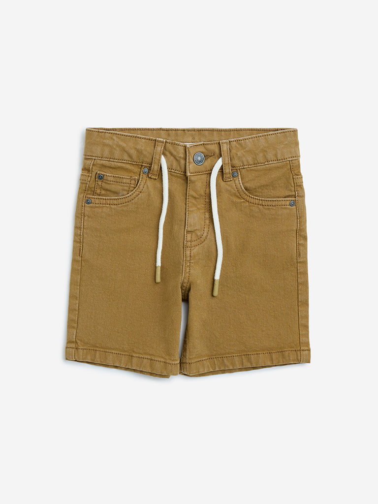 Westside HOP Boys Kids Mustard Mid-Rise Denim Shorts for Casual Wear Front View