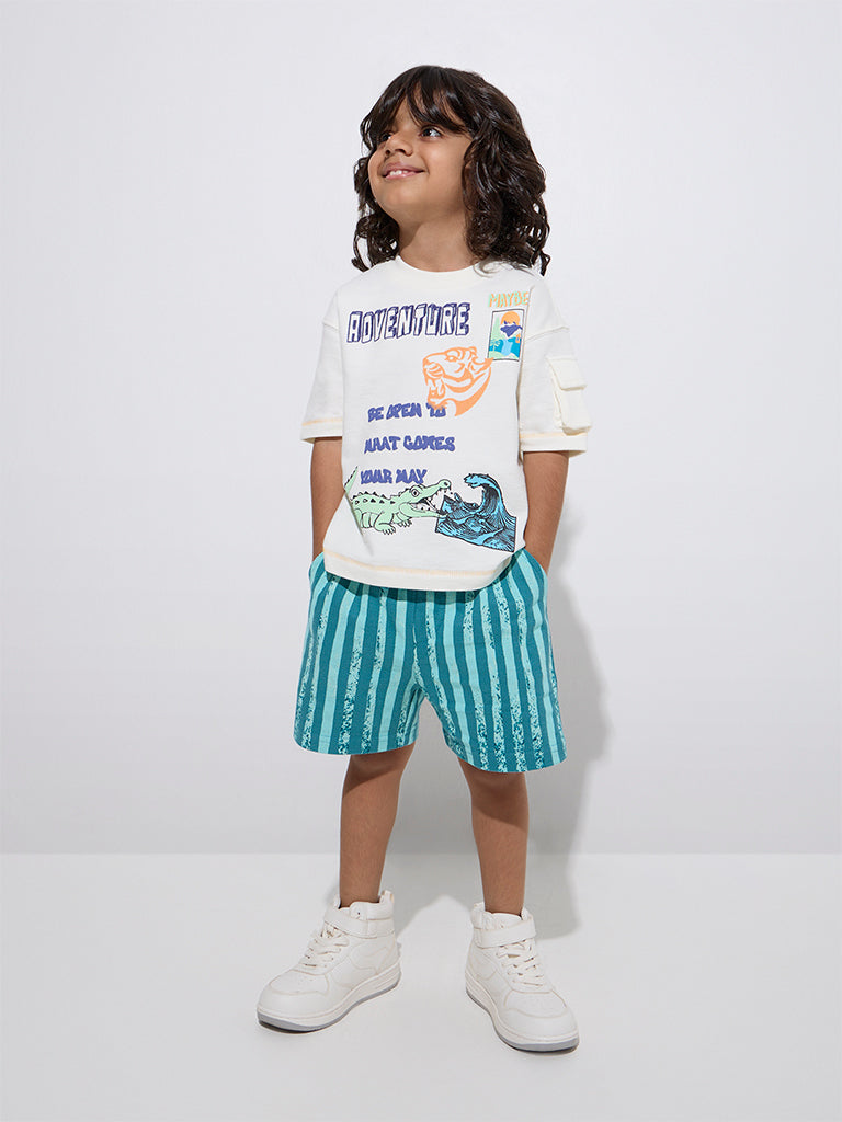Westside HOP Kids Boys' Teal Striped Mid-Rise Cotton Shorts for Casual Wear Full Model View