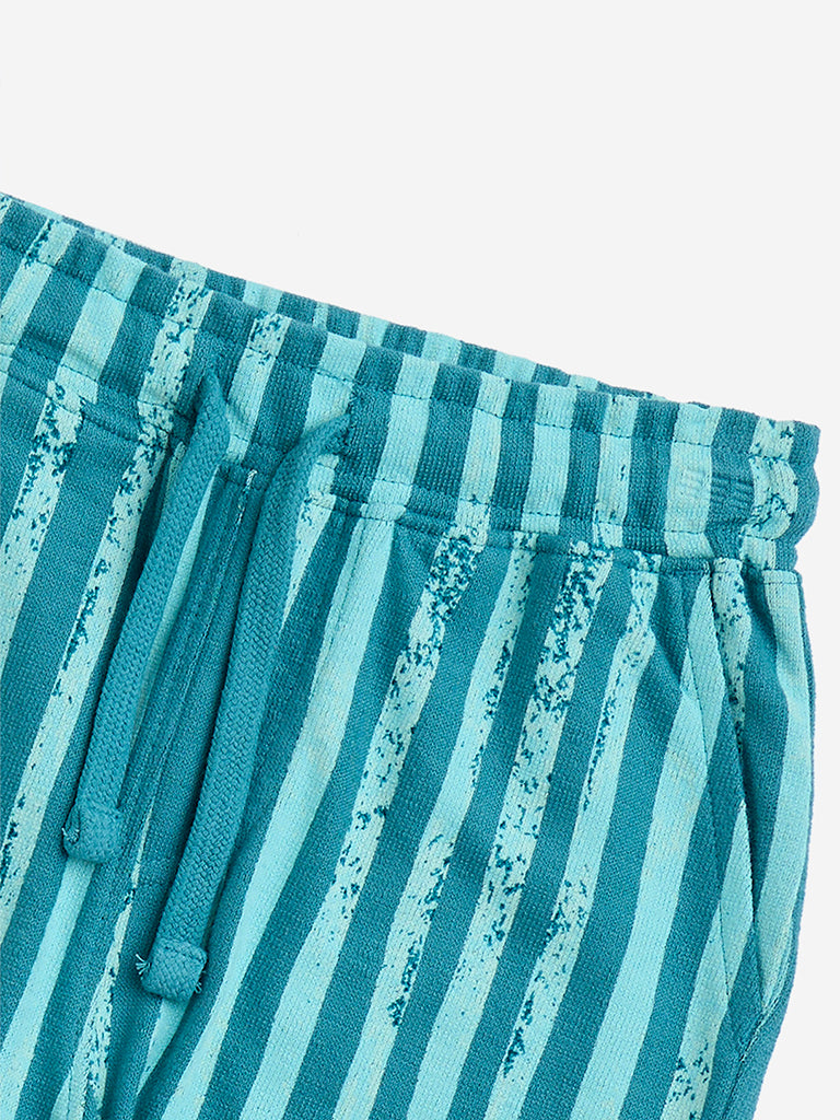 Westside HOP Kids Boys' Teal Striped Mid-Rise Cotton Shorts for Casual Wear Zoom View