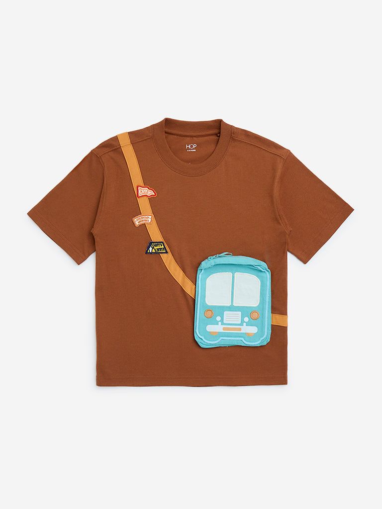 Westside HOP Boys Kids Brown Pouch-Detailed Cotton T-Shirt for Casual Wear Front View