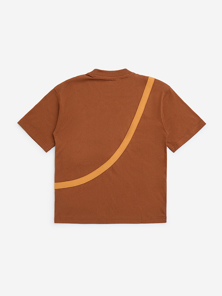 Westside HOP Boys Kids Brown Pouch-Detailed Cotton T-Shirt for Casual Wear Back View