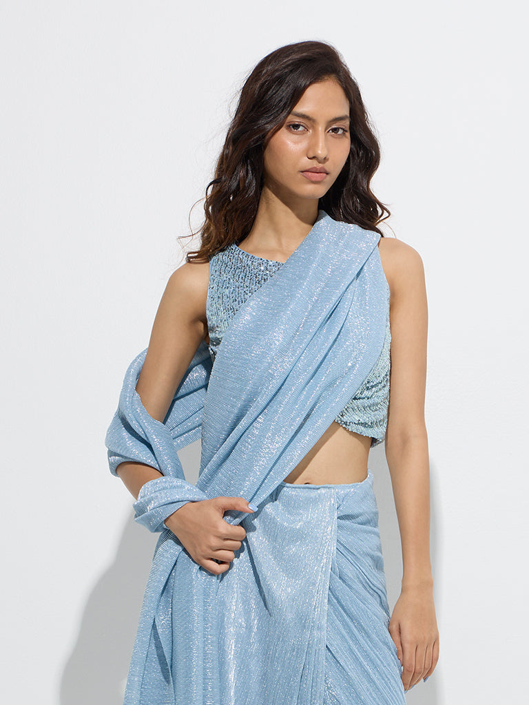Westside Vark Women's Light Blue Plisse-Textured Saree for Festive Wear Zoom View