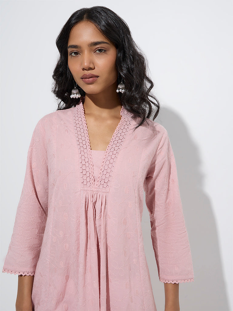 Westside Utsa Women's Light Pink Embroidered Cotton A-Line Kurta for Work Wear Zoom View