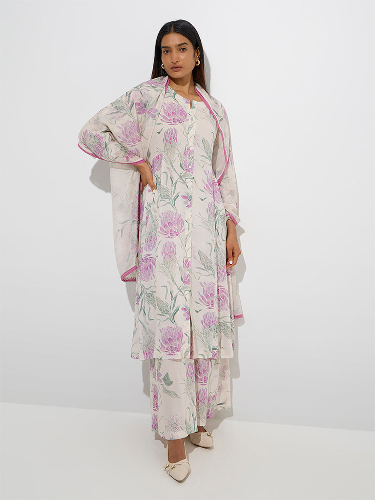 Elegant Lilac Floral Linen Kurta Set for Women Ethnic Wear