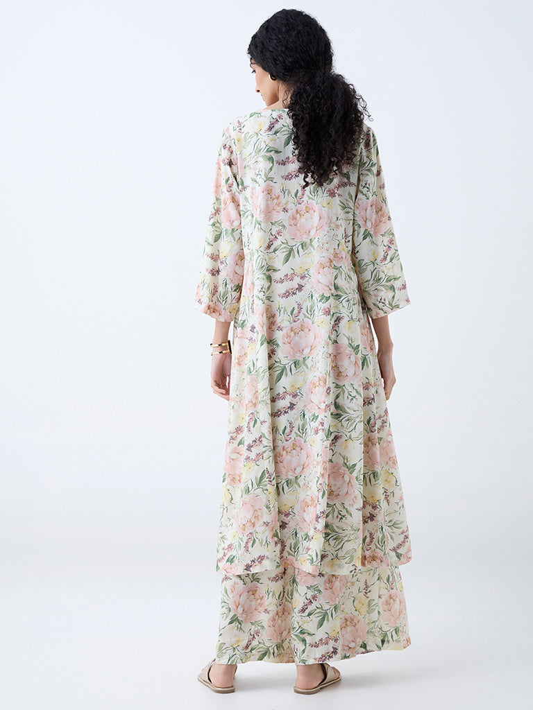 Westside Zuba Women's Multicolour Floral Pattern A-Line Kurta for Work Wear Back View