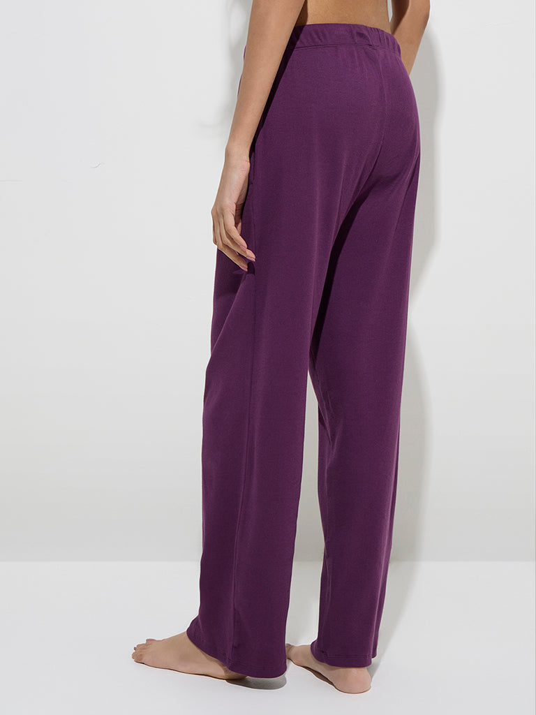 Westside Superstar Women's Purple Ribbed High-Rise Cotton-Blend Pants for Casual Wear Back View